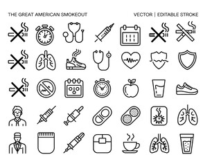Naklejka premium A Comprehensive Visual Guide to the Great American Smokeout: Icons Promoting Health, Wellness, and Tobacco Awareness with Key Messages for a Smoke-Free Life