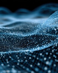 Abstract blue network wave with glowing nodes close up studio shot for technology and science concepts