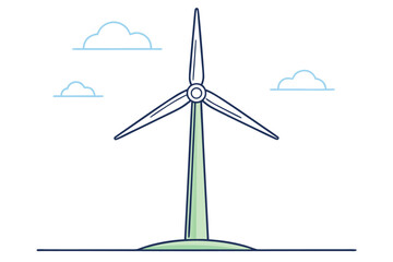 Wind turbine on a hill with two stylized clouds in a simple drawing renewable energy green energy