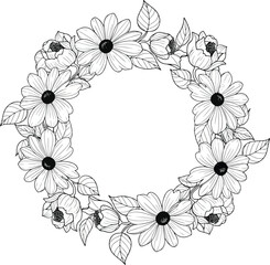 Floral Wreath: A highly detailed line art illustration of a circular wreath of daisy-like flowers and leaves, in a clean, elegant style.