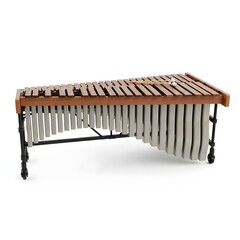A wooden marimba with metal bars and mallets, isolated on a white background, showcasing a musical instrument with a resonant sound