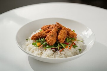 Fiery chicken salad served with rice on a white dish in a dining setting