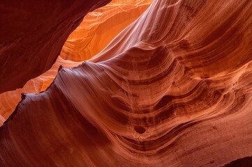 Close-up of sandstone formations in a deep slot canyon