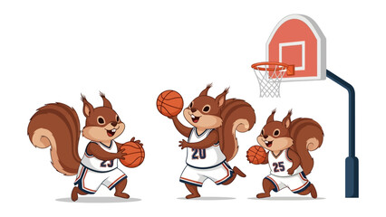 Squirrel Basketball Team: A whimsical illustration features a squirrel team dribbling basketball, ready to shoot for the hoop. a fun illustration for all ages and backgrounds. © Abu