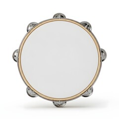 A Close-up Overhead View of a Tambourine with a White Surface and Silver Jingles, Isolated on a White Background