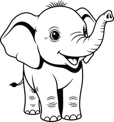 Elephant: A simple line art illustration of a cute baby elephant with large ears and a happy, friendly expression.
