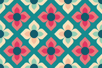 Retro Floral Pattern with Teal Background, Pink and Beige Petals, Dark Teal Centers