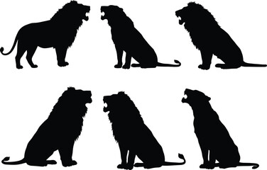 Collection of Lion Silhouettes in Roaring and Sitting Poses – Jungle Predator Vector Art for Wildlife, Safari, and Nature Themes