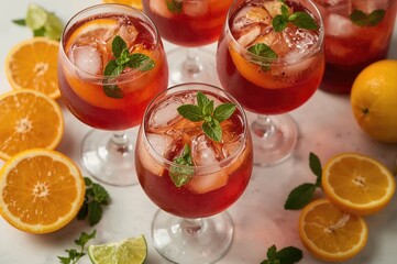 Glasses of sangria garnished with citrus slices and fresh mint