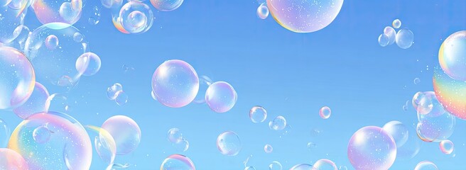 Colorful soap bubbles float in a bright blue sky