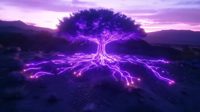 Glowing Purple Tree of Life in Desert Landscape at Sunset