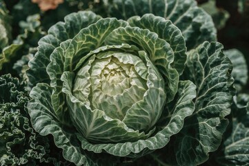 Fototapeta premium Close-up of curly kale foliage. Detailed summer vegetables. Freshly harvested garden greens. From farm straight to your plate. Nutritious vegetarian meal ingredients.