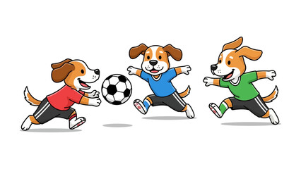 Playful Paws in the Game: Three cheerful canine athletes leap into action, dribbling a soccer ball across a field, showcasing a delightful cartoon illustration of teamwork and fun. © Karima