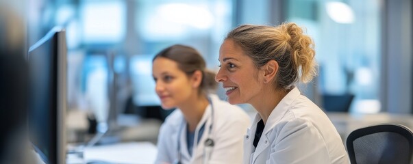 Female Doctors Analyze Medical Data on Computer Screen, healthcare, medicine