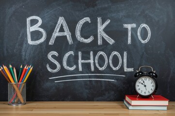 Chalkboard displaying a discount for school season, vibrant paints and a timer on a rustic wooden surface. Theme of academic year beginning and discounts on educational materials. Learning at home