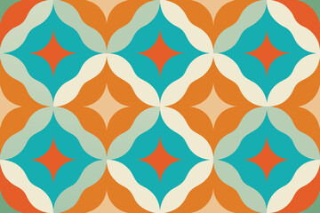 Retro Geometric Pattern with Turquoise, Orange, and Beige Floral Shapes and Diamond Centers