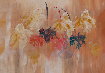 Prints of plants on colored background with multicolored paints. Abstraction. Color texture. Hand drawn acryl painting. Texture of acryl paints, paint strokes, impression