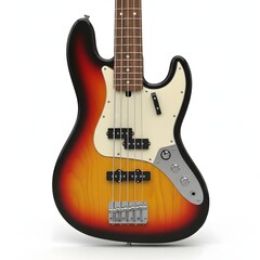 Classic four-string electric bass guitar with a vibrant sunburst finish isolated on a clean white background