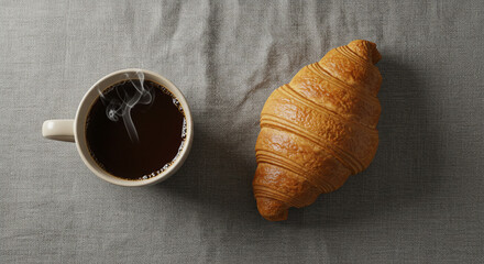 Enjoy a warm cup of coffee and a golden croissant for a perfect, delicious morning start.