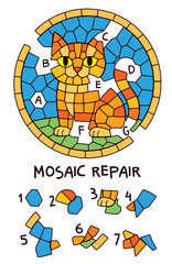Kids visual puzzle. Repair the cat mosaic by matching missing fragments with the correct pieces. Bright worksheet that builds attention, shape matching, and spatial reasoning.