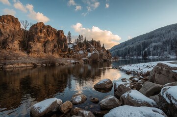 Rock formations along a river in the Baltic region