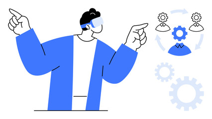 Person in VR headset gestures while surrounded by gear icons, avatars, and networking arrows. Ideal for teamwork, innovation, technology, workflow, communication leadership progress. Simple flat