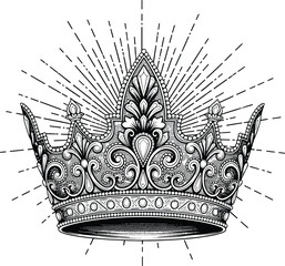 Crown: A highly detailed line art illustration of a majestic crown, with intricate patterns, jewels, and a radiant sunburst behind it.