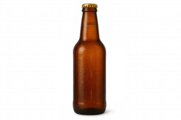 Cold beer bottle sweating condensation droplets, gleaming against transparent backdrop, perfect for beverage branding design