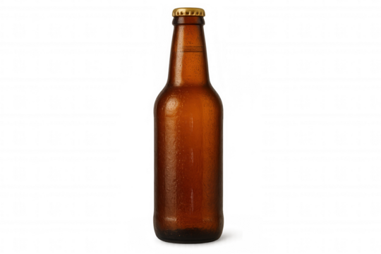 Cold beer bottle sweating condensation droplets, gleaming against transparent backdrop, perfect for beverage branding design