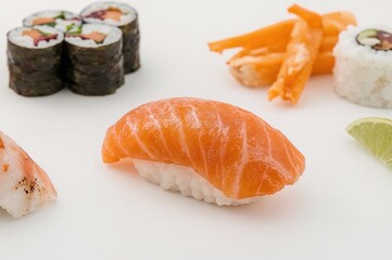 Nigiri sushi topped with salmon on a plain backdrop