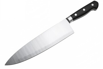 Detailed view of a large, precision-edged butcher knife intersecting with an elongated sharpening rod, each featuring a dark grip, set against a white backdrop