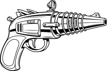 Ray Gun: A stylized line art illustration of a retro ray gun or space pistol, in a classic science fiction and comic book style.