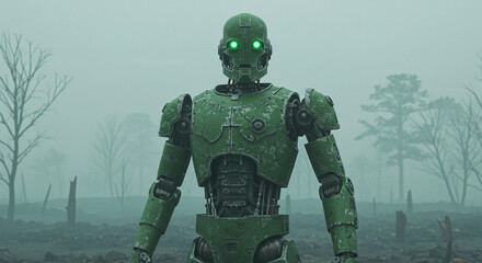 Stunning green robot emerges from foggy, desolate landscape with glowing eyes