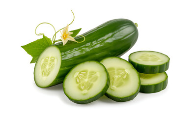 Fresh cucumbers with slices and yellow flower on white background.