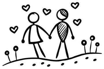 Simple Line Art of Couple Holding Hands with Hearts and Flowers Illustration