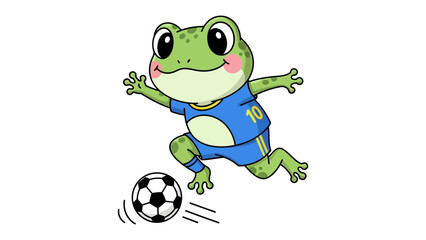 Frog Kicking Soccer Ball: A cute frog in soccer uniform dribbles and kicks a soccer ball with enthusiastic focus, set against a clean backdrop.