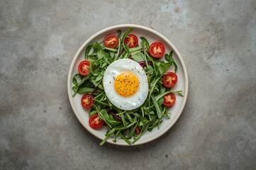 Vegetarian salad featuring arugula, tomatoes, and boiled egg on a textured gray surface