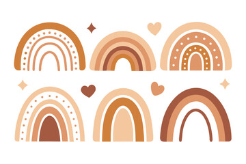 Six Bohemian Rainbows in Earthy Tones with Heart and Star Accents on White Background