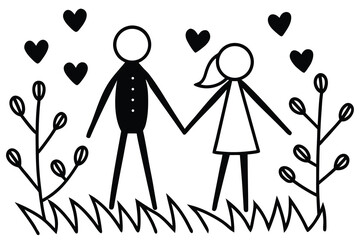 Stick Figures Couple Holding Hands with Hearts and Plants Simple Love Illustration