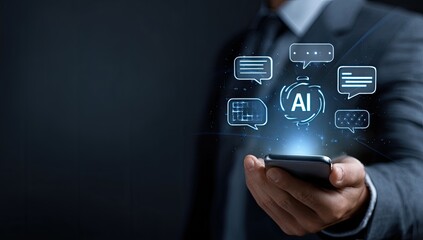 Businessperson holding phone with AI chat interface