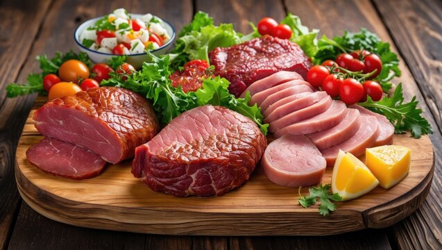 Traditional Czech meat platter with an assortment of fresh pork cuts presented on wood