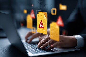 Person using laptop with error messages overlay