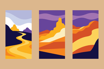Three Abstract Landscape Art Pieces Featuring Mountains, Rivers, and Colorful Skies in a Style