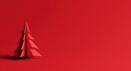Red origami Christmas tree - Pure red background - Festive decoration concept