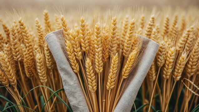 Rustic display featuring ripe cereal wheat, linen, and wild grass set against a nostalgic harvest scene with open area for customization. - Powered by Adobe
