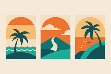 Three Framed Abstract Tropical Landscapes with Palm Trees, Mountains, and Birds in Warm Tones