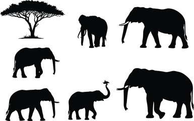 Elephant Silhouettes with African Tree and Bird – Wildlife Vector for Jungle, Safari, Nature Conservation, Animals, Mammals, and Travel Designs