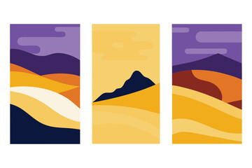 Three Panel Minimalist Landscape Art Featuring Mountain Silhouettes, Dunes, and a Colorful Sky Design