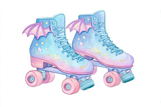 Pastel Roller Skates with Bat Wings and Star Wheels Watercolor Illustration for Kawaii Halloween Vibe on White Background