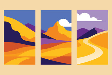 Three Panels Depicting Simplified Abstract Desert Landscapes with Mountains and Clouds in Various Colors